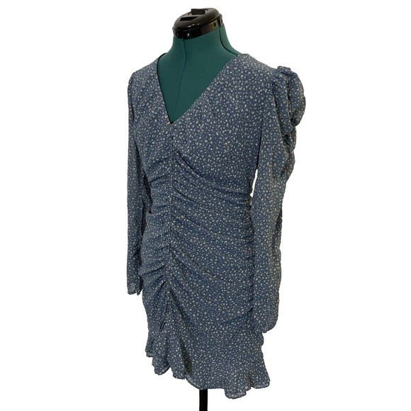 ASTR the Label Mini Dress Ditsy Floral Long Sleeve Ruched Ruffle Hem Blue Large - Picture 3 of 9